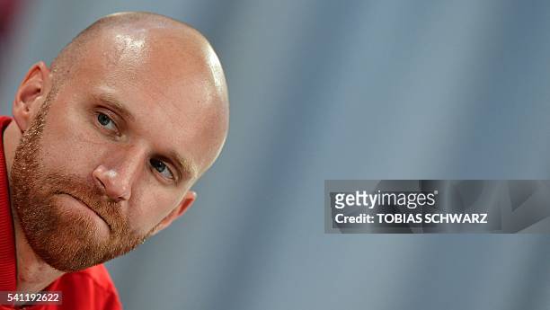 Austria's goalkeeper Robert Almer addresses a press conference at their training ground in Mallemort, southern France, on June 19 during the Euro...