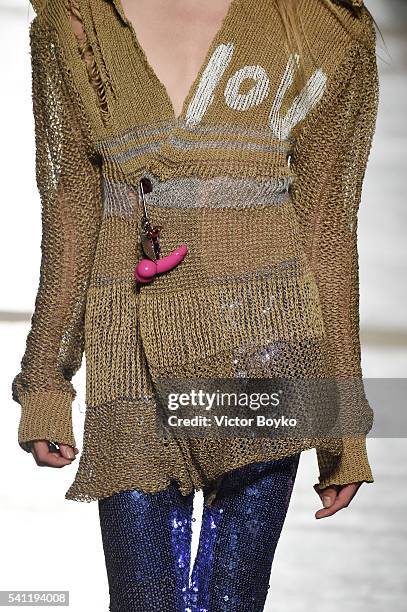 Model, fashion detail, walks the runway at the Vivienne Westwood show during Milan Men's Fashion Week Spring/Summer 2017 on June 19, 2016 in Milan,...