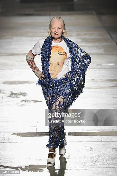 Designer Vivienne Westwood acknowledges the applause of the public after the Vivienne Westwood show during Milan Men's Fashion Week Spring/Summer...