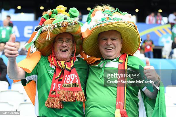 Bordeaux , France - 18 June 2016; Republic of Irealnd supporters Frankie Moran, from Killybegs, Donegal, left, and Bobby Cunningham, from Kilcar,...