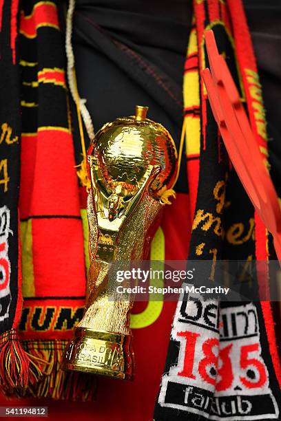 Bordeaux , France - 18 June 2016; A world cup replica hangs from the neck of a Belgium supporter during the UEFA Euro 2016 Group E match between...