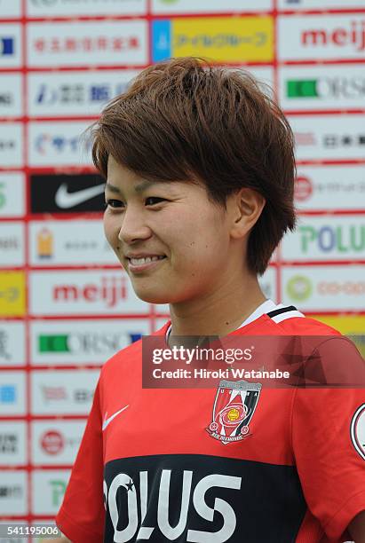 Risa Ikadai of Urawa Reds is interviewed after her team's 2-1 win in the Nadeshiko League Cup Group B match between Urawa Red Diamonds Ladies and...