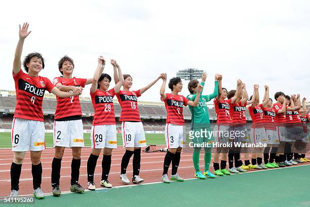 Urawa Red Diamonds players celebrate their 2-1 win in the Nadeshiko League Cup Group B match between Urawa Red Diamonds Ladies and Albirex Niigata...