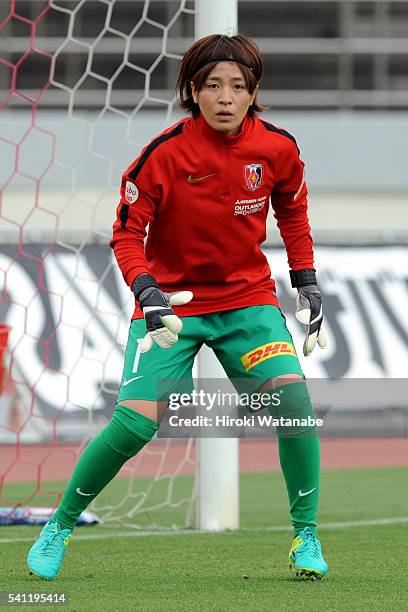 Sakiko Ikeda of Urawa Reds warms up during the Nadeshiko League Cup Group B match between Urawa Red Diamonds Ladies and Albirex Niigata Ladies at...