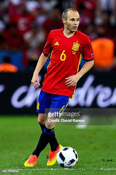 Andres Iniesta of Spain runs with the ball during the UEFA EURO 2016 Group D match between Spain and Turkey at Allianz Riviera Stadium on June 17,...