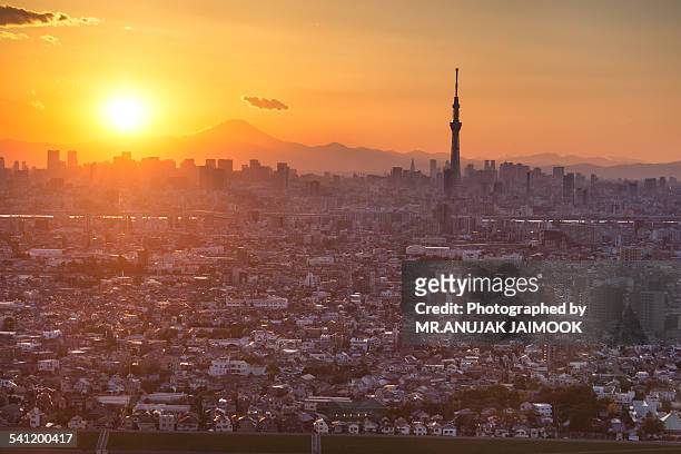 tokyo city with sunset behind mt.fuji - narita bildbanksfoton och bilder