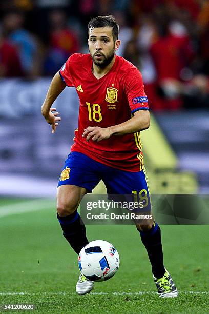 Jordi Alba of Spain runs with the ball during the UEFA EURO 2016 Group D match between Spain and Turkey at Allianz Riviera Stadium on June 17, 2016...