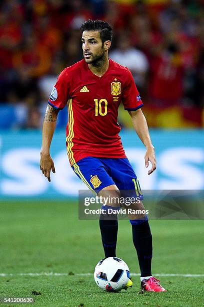 Cesc Fabregas of Spain runs with the ball during the UEFA EURO 2016 Group D match between Spain and Turkey at Allianz Riviera Stadium on June 17,...