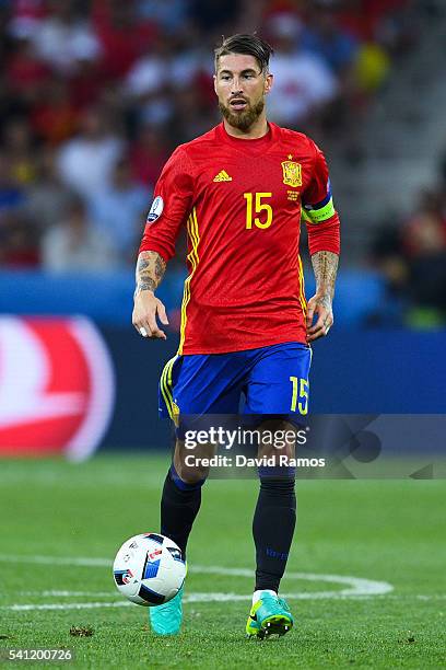 Sergio Ramos of Spain runs with the ball during the UEFA EURO 2016 Group D match between Spain and Turkey at Allianz Riviera Stadium on June 17, 2016...