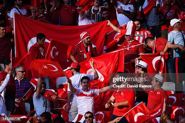 Turkey fans enjoy the pre match atmosphere during the UEFA EURO 2016 Group D match between Spain and Turkey at Allianz Riviera Stadium on June 17,...