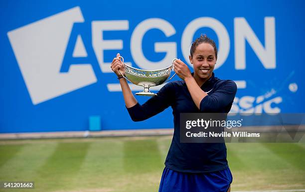 Madison Keys of United States celebrates with the Maud Watson trophy after her victory in the Women's Singles Final against Barbara Strycova of Czech...
