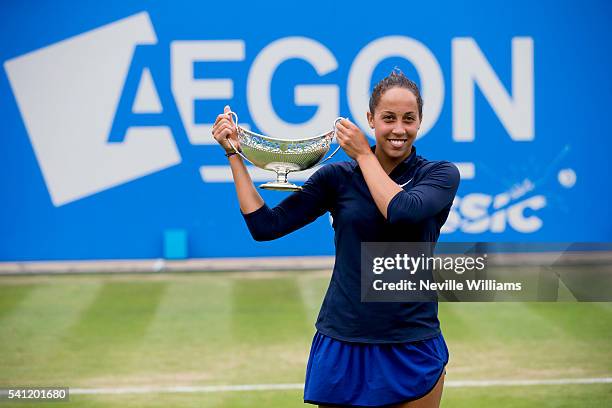 Madison Keys of United States celebrates with the Maud Watson trophy after her victory in the Women's Singles Final against Barbara Strycova of Czech...