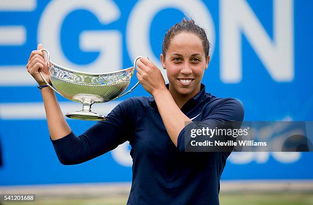 Madison Keys of United States celebrates with the Maud Watson trophy after her victory in the Women's Singles Final against Barbara Strycova of Czech...