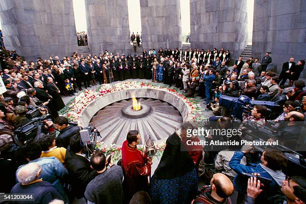 memorial ceremony at tsitsernakaberd - armenian genocide stock pictures, royalty-free photos & images