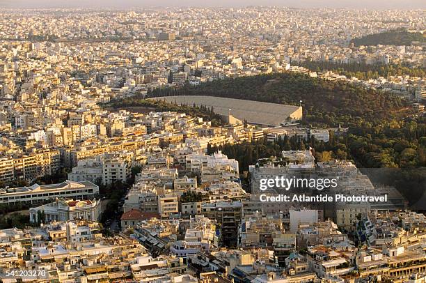 athens seen from lycabettus hill - panathinaiko stadium stock pictures, royalty-free photos & images