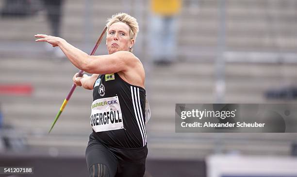 Christina Obergfoell of LG Offenburg competes during the women's javelin final during day 2 of the German Championships in Athletics at Aue Stadium...