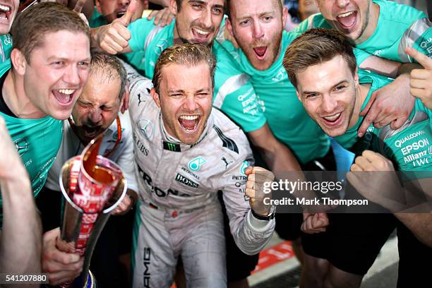 Nico Rosberg of Germany and Mercedes GP celebrates his win with his team during the European Formula One Grand Prix at Baku City Circuit on June 19,...