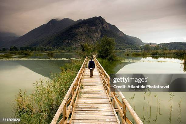 boardwalk on lake iseo - iseo lake stock pictures, royalty-free photos & images