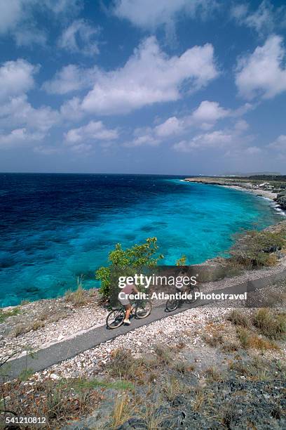 mountain biking on northwest coast of bonaire - bonaire stockfoto's en -beelden