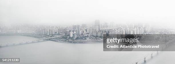 the han (hangang) river, the mapo bridge, wonhyo bridge and the town from the viewpoint of 63 city building (63 sky art gallery) - mapo bridge stock pictures, royalty-free photos & images