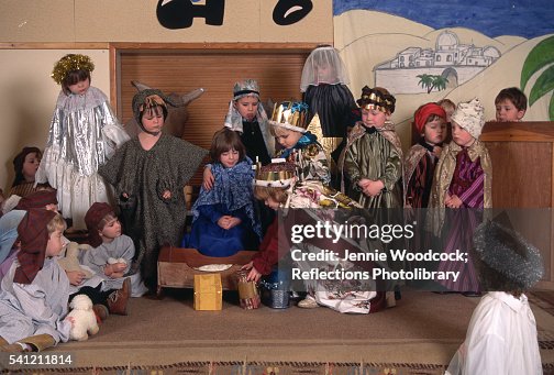 Nativity Roles Costumed Children Performing A Nativity Play At School High-Res Stock ...