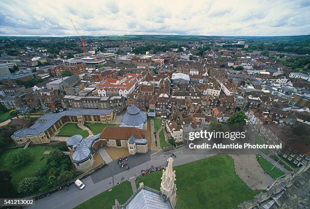 canterbury seen from bell harry tower on canterbury cathedral - canterbury cathedral stock pictures, royalty-free photos & images