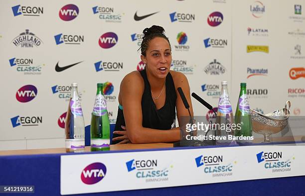 Madison Keys of United States talks to the media with the Maud Watson trophy after her victory in the Women's Singles Final on day seven of the WTA...