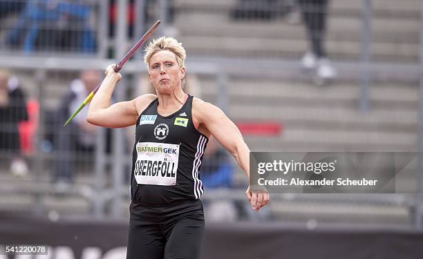 Christina Obergfoell of LG Offenburg competes during the women's javelin final during day 2 of the German Championships in Athletics at Aue Stadium...