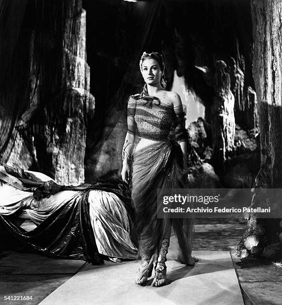 The Italian actress Silvana Mangano in costume on the set of the film Ulysses, directed by Mario Camerini.