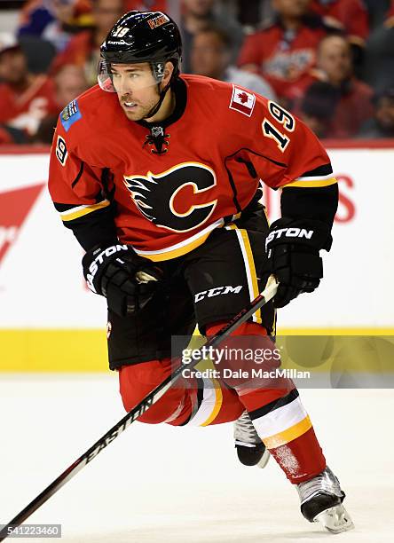 David Jones of the Calgary Flames plays in the game against the Edmonton Oilers at Scotiabank Saddledome on October 17, 2015 in Calgary, Alberta,...