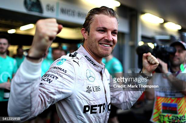 Nico Rosberg of Germany and Mercedes GP celebrates his win with his team during the European Formula One Grand Prix at Baku City Circuit on June 19,...