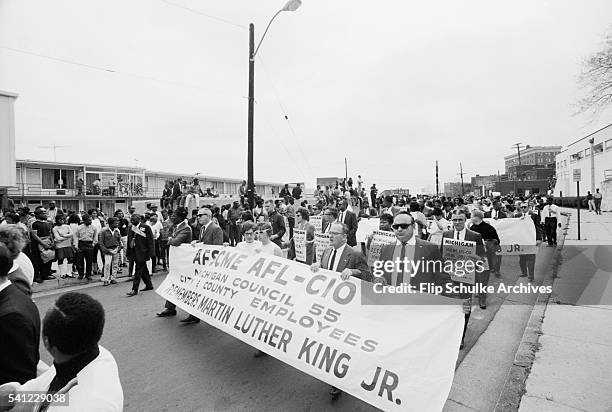 Labor union members join civil rights activists in a march by the Lorraine Motel one year after Martin Luther King Jr. Was assassinated.