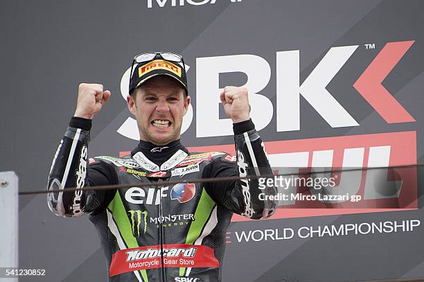 Jonathan Rea of Great Britain and KAWASAKI RACING TEAM celebrates the victory on the podium at the end of the Race 2 during the FIM Superbike World...