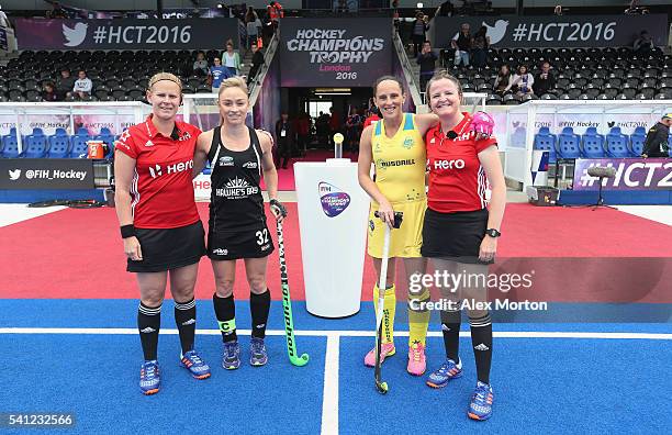 Anita McLaren of New Zealand and Madonna Blyth of Australia with match umpires prior to the FIH Women's Hockey Champions Trophy match between...