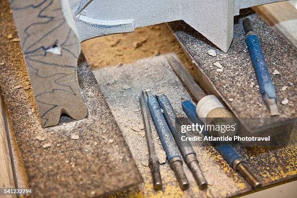 tools of the ongoing restoration at the minster cathedral, ulm, germany - restoring art stock pictures, royalty-free photos & images