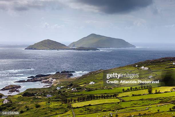 view of scariff and deenish island from derrynane - anillo de kerry fotografías e imágenes de stock