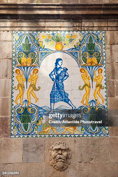 fountain with azulejos at avenida portal del angel - portal del angel stock pictures, royalty-free photos & images