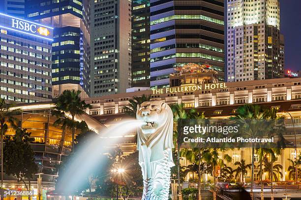 marina bay, the merlion park, the fullerton hotel and the downtown - merlion statue stock pictures, royalty-free photos & images