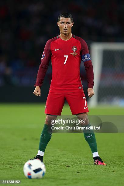 Cristiano Ronaldo of Portugal prepares to take a free-kick during the UEFA Euro 2016 Group F match between the Portugal and Austria at Parc des...