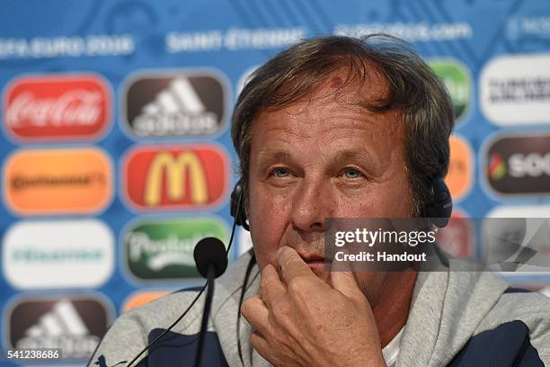 In this handout image provided by UEFA, Slovakia Head Coach Jan Kozak faces the media during the Slovakia Press Conference on June 19, 2016 in...