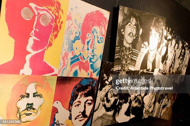 photomontage at beatles story museum - liverpool beatles stock pictures, royalty-free photos & images