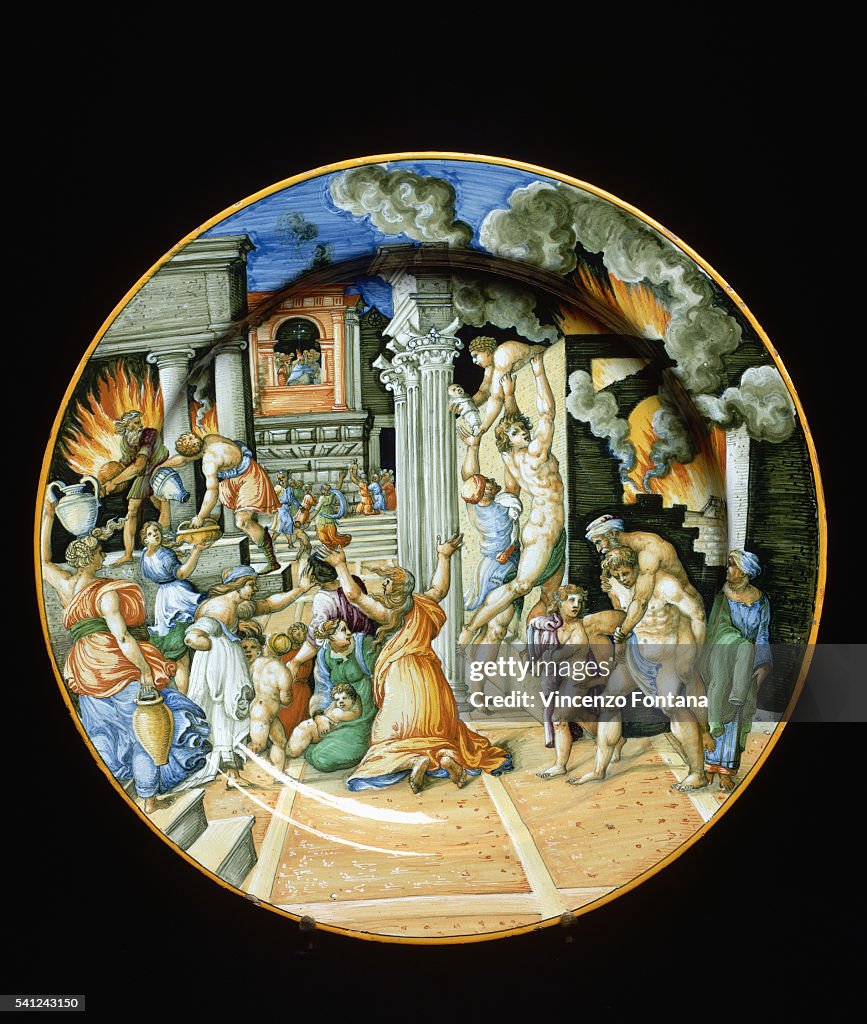 Italian Ceramic Plate With Aeneas Carrying His Father From Burning Troy
