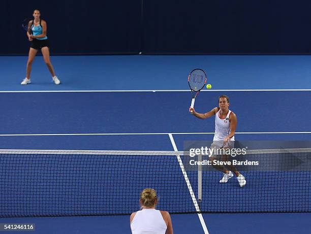 Karolina Pliskova and Barbara Strycova of Czech Republic in action during the Doubles Final against Vania King of United States and Alla Kudryavtseva...