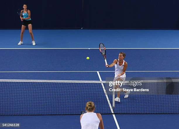 Karolina Pliskova and Barbara Strycova of Czech Republic in action during the Doubles Final against Vania King of United States and Alla Kudryavtseva...