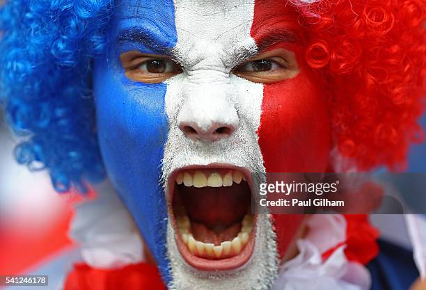 France fan enjoys the atmosphere prior to the UEFA EURO 2016 Group A match between Switzerland and France at Stade Pierre-Mauroy on June 19, 2016 in...