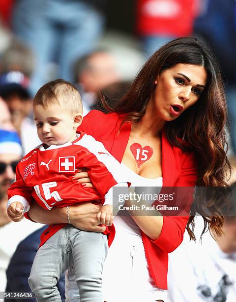 Erjona Sulejmani, wife of Blerim Dzemaili of Switzerland is seen prior to the UEFA EURO 2016 Group A match between Switzerland and France at Stade...