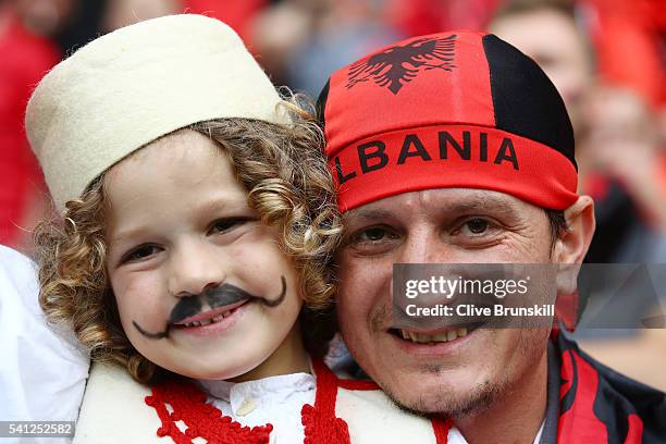 Albenia supporters enjoy the atmosphere prior to the UEFA EURO 2016 Group A match between Romania and Albania at Stade des Lumieres on June 19, 2016...