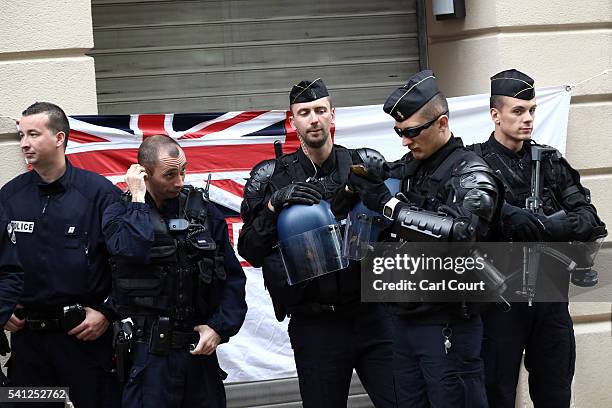 Police officers patrol as England fans gather ahead of tomorrow's England v Slovakia Euro 2016 Group B match, on June 19, 2016 in Saint-Etienne,...