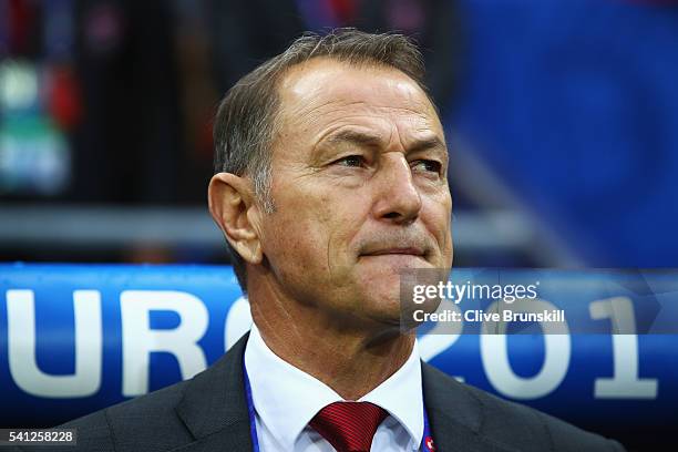 Gianni De Biasi coach of Albania looks on prior to the UEFA EURO 2016 Group A match between Romania and Albania at Stade des Lumieres on June 19,...