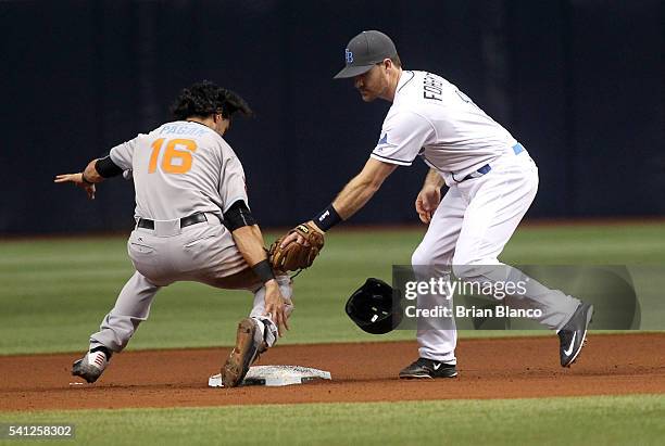 Angel Pagan of the San Francisco Giants steals second base in front of second baseman Logan Forsythe of the Tampa Bay Rays during the fifth inning of...